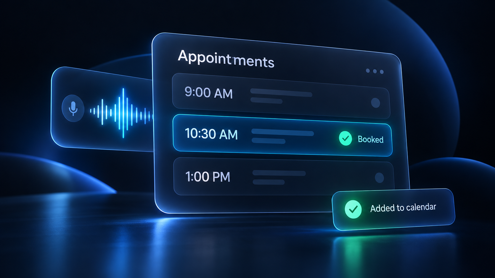 Voice agent appointment schedule showing a booked 10:30 AM slot added to the calendar