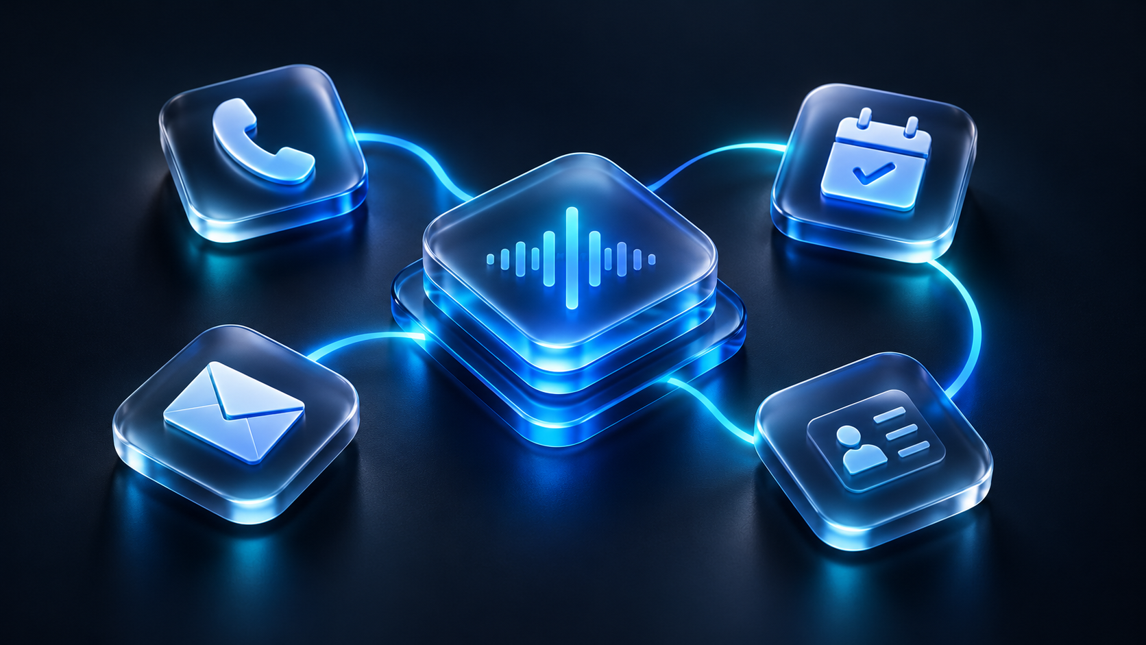 Connected icons representing phone, calendar, email, and contact systems linked through one automation core