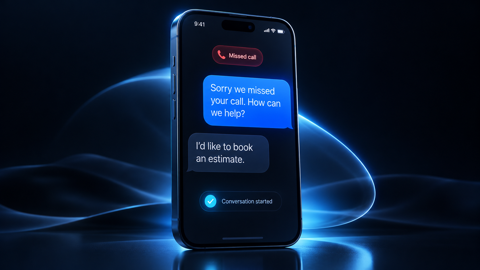 Text message conversation starting automatically after a missed call, ending in a booked estimate
